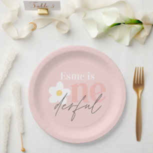 First birthday daisy boho retro girly pink paper plates
