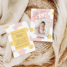 First birthday daisy boho retro photo pink yellow invitation