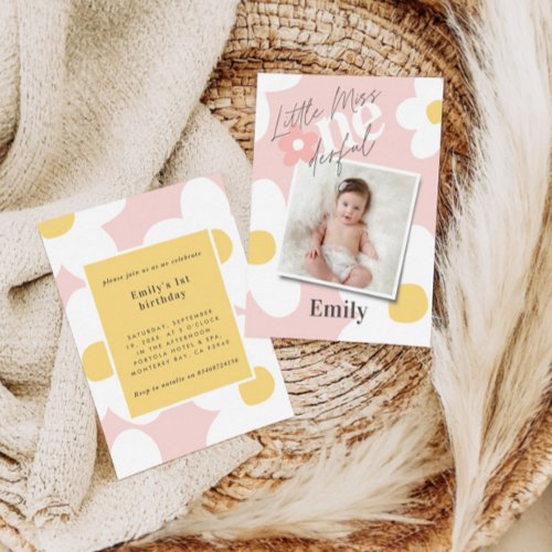 First birthday daisy boho retro photo pink yellow invitation