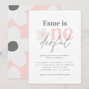 First birthday daisy boho retro pink girly cute in invitation