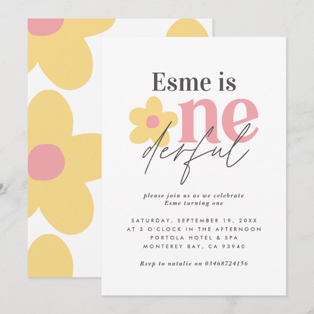 First birthday daisy boho retro pink yellow girly invitation (Front/Back)
