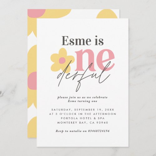 First birthday daisy boho retro pink yellow girly invitation