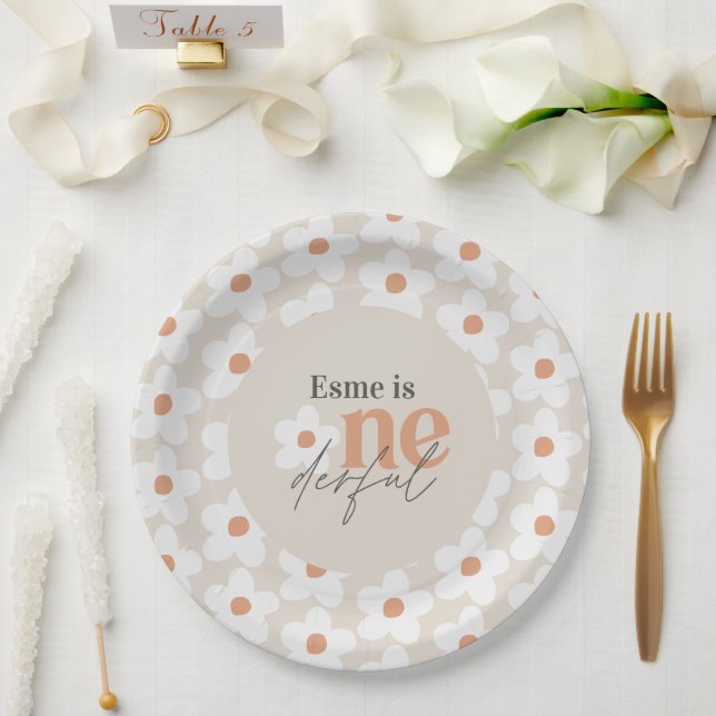First birthday daisy boho retro terracotta natural paper plates (Wedding)