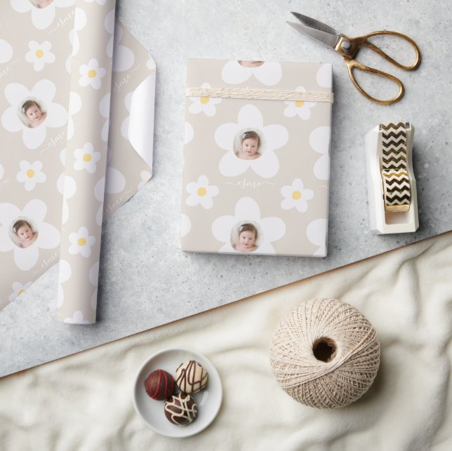 First birthday daisy boho retro terracotta natural wrapping paper (Crafts)