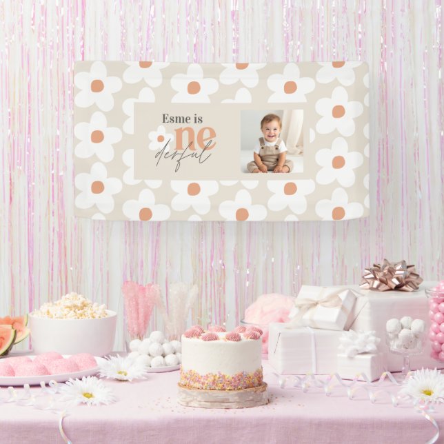 First birthday daisy boho terracotta natural photo banner (Party)