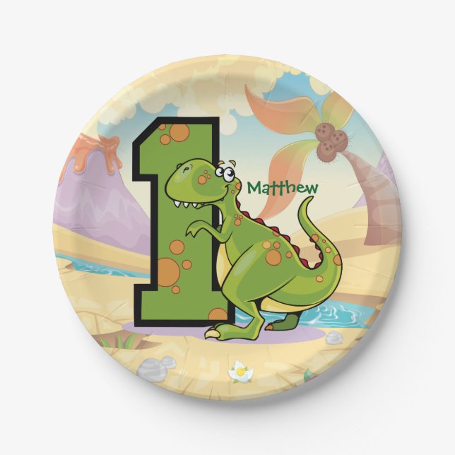 First Birthday Dinosaur Custom Party Paper Plates (Front)