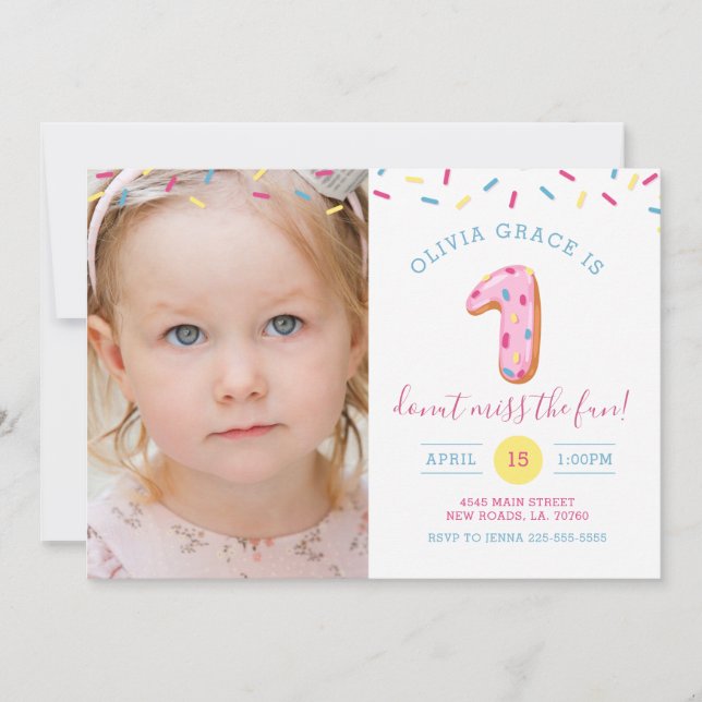 First Birthday Donut Photo Card Invitation (Front)