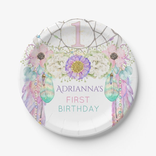 First Birthday Dream Catcher Boho Feathers Paper Plates (Front)