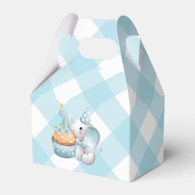 First Birthday Elephant Baby Boy Favor Box Blue  (Front Side)