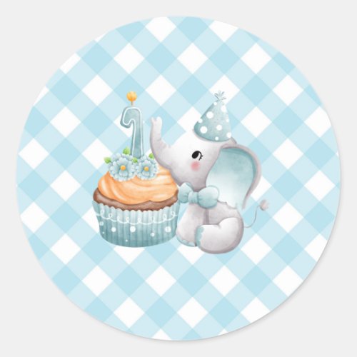 First Birthday Elephant Baby Boy Sticker Plaid