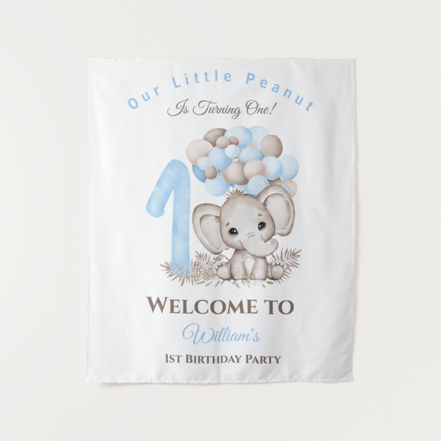 First Birthday Elephant Boy Welcome Sign Tapestry (Front)