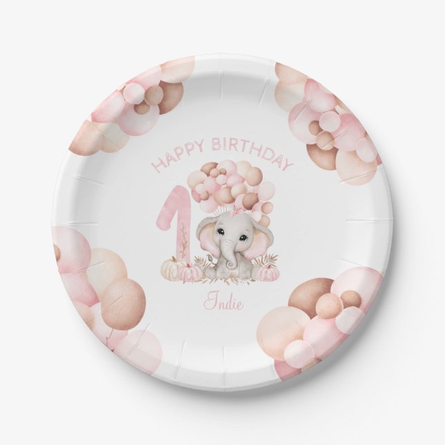 First Birthday Elephant Fall Girl Paper Plate (Front)