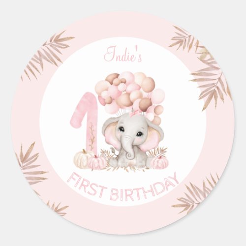 First Birthday Elephant Pink Fall Girl Classic Round Sticker