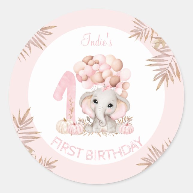 First Birthday Elephant Pink Fall Girl Classic Round Sticker (Front)