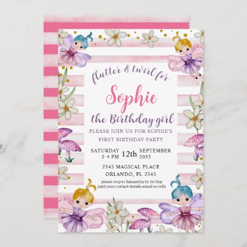 First Birthday Fairy Princess Pink  Gold  Invitation