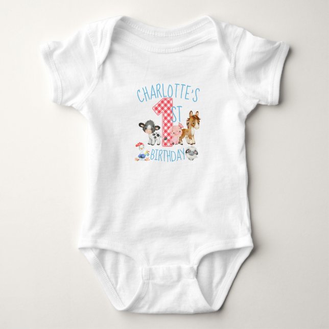 First Birthday Farm Barnyard Animal Baby Bodysuit (Front)