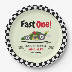 First Birthday Fast One Green Vintage Race Car Paper Plates