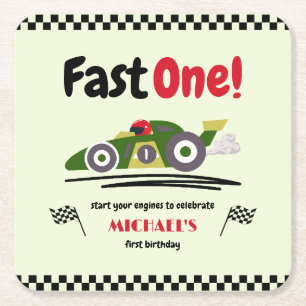 First Birthday Fast One Green Vintage Race Car Square Paper Coaster