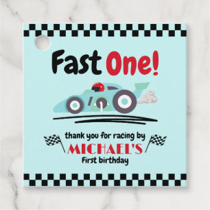 First Birthday Fast One Vintage Blue Race Car Favor Tags