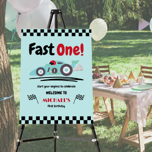 First Birthday Fast One Vintage Blue Race Car Foam Board