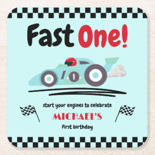 First Birthday Fast One Vintage Blue Race Car Square Paper Coaster