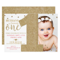 First Birthday Faux Gold Glitter & Pink Invitation