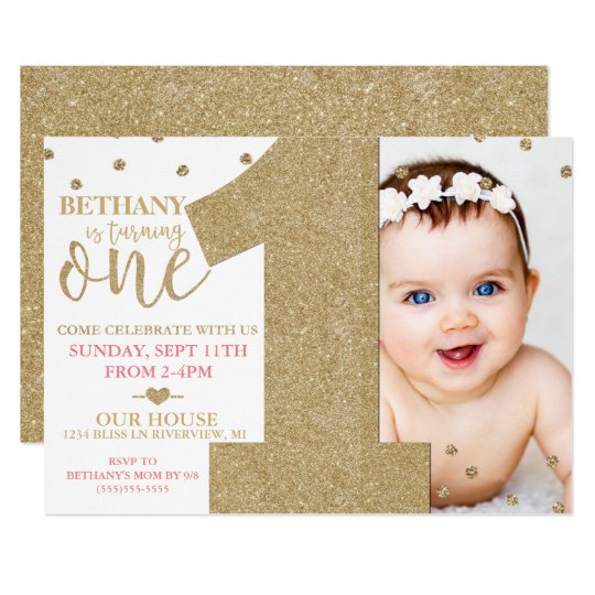  First Birthday Faux Gold Glitter Pink Invitation 