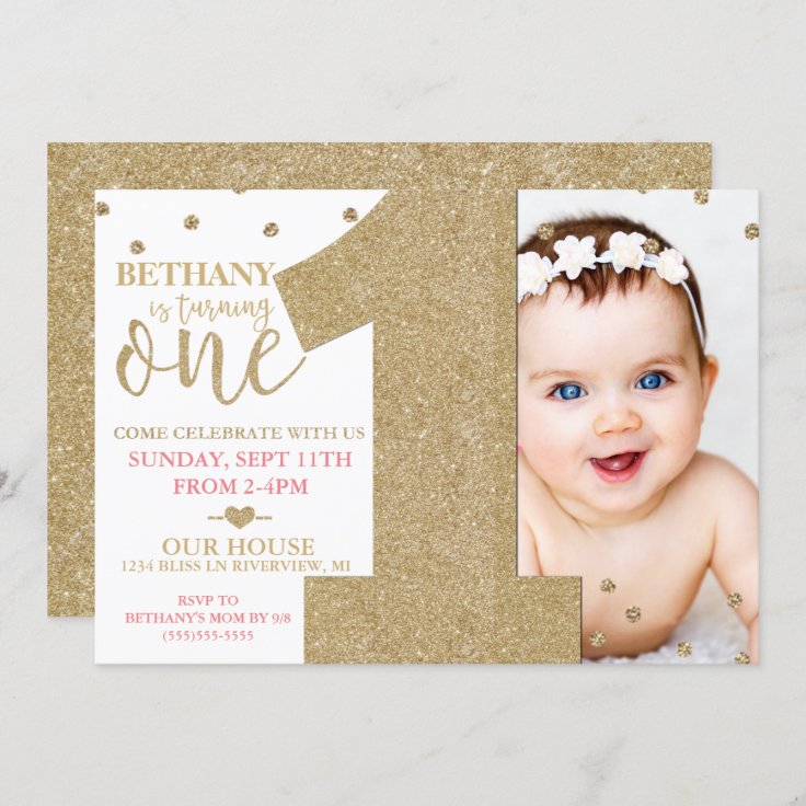 First Birthday Faux Gold Glitter & Pink Invitation | Zazzle