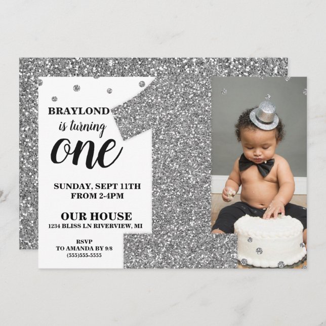 First Birthday Faux Silver Glitter Invitation (Front/Back)