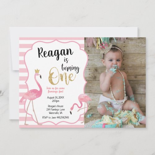 First Birthday Flamingo Photo Invitation