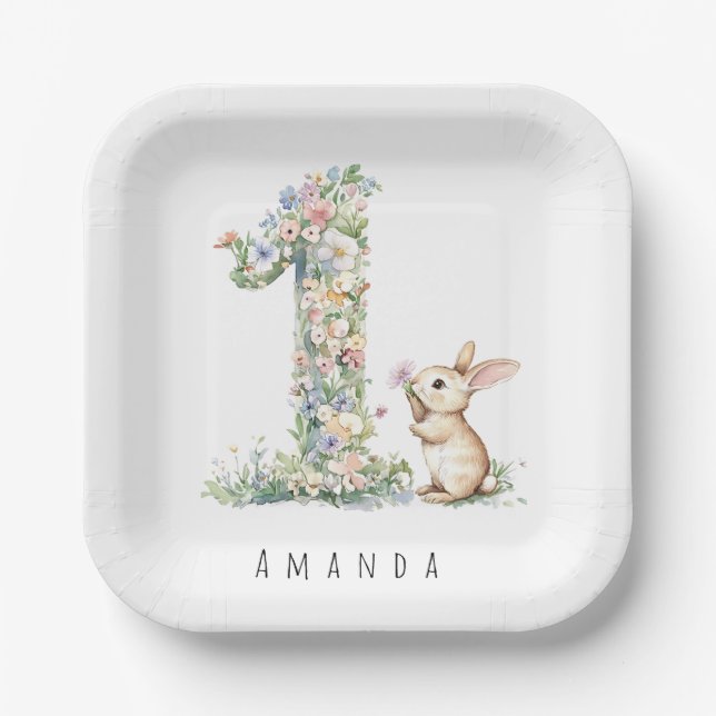 First Birthday Floral Bunny Paper Plates (Front)