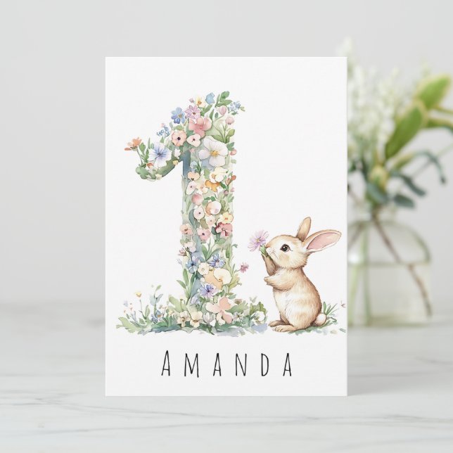 First Birthday Floral One & Bunny Card (Standing Front)