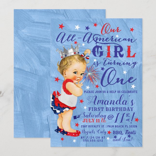 First Birthday Fourth Of July Red White Blue Invitation (Front/Back)