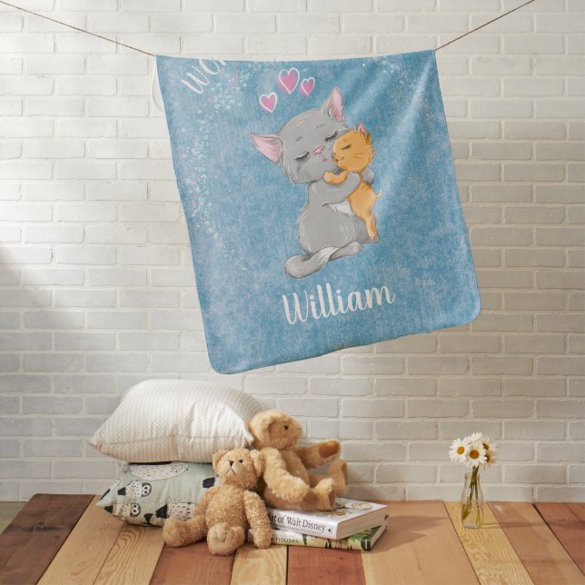 First birthday gift new baby shower gift, blue cat baby blanket (In Situ)