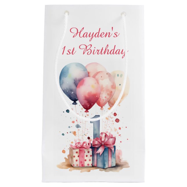  First Birthday - Gifts and balloons - Customized Small Gift Bag (Front)
