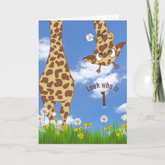 First birthday giraffe in grass card (Front)