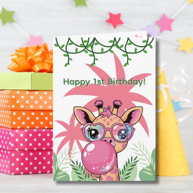 First Birthday Giraffe Pink Bubble Cute Funny  Card (Creator Uploaded)