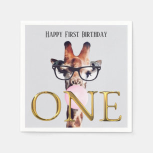 First Birthday Giraffe wearing glasses gum Napkins