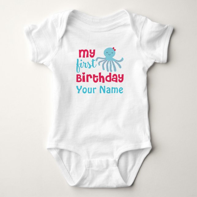 First Birthday Girl Bunny Octopus Baby Bodysuit (Front)