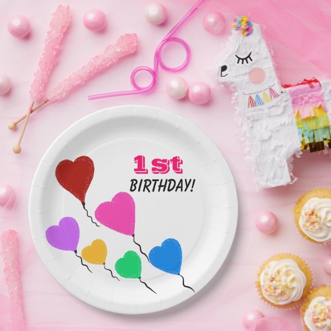 First Birthday Girl Colorful Heart Balloons Paper Plates (Party)