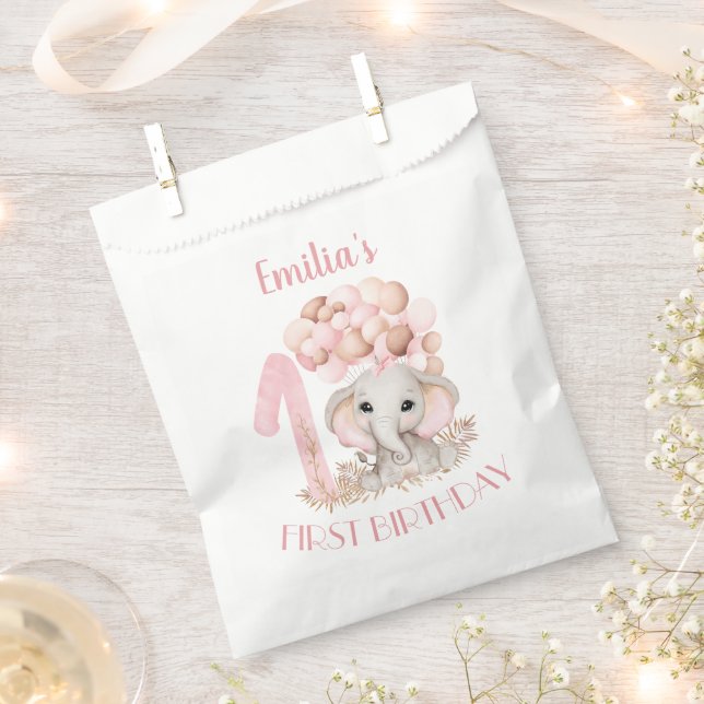 First Birthday Girl Cute Elephant Favor Bag (Clipped)
