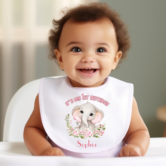 First Birthday Girl Cute Elephant Personalized Baby Bib (First Birthday Girl Cute Elephant Personalized Baby Bib)