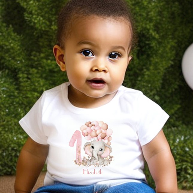 First Birthday Girl Cute Elephant Pink Baby T-Shirt (1st Birthday t-shirt with the cutest elephant, number one and name in pink)