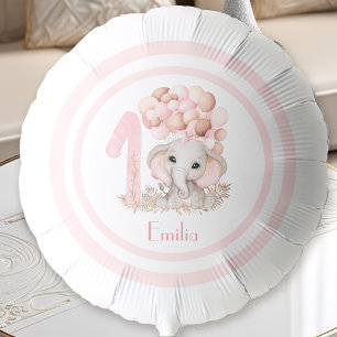 First Birthday Girl Cute Elephant Pink Balloon