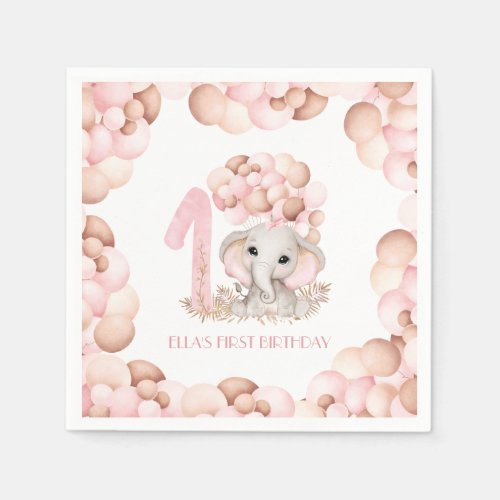 First Birthday Girl Cute Elephant Pink Balloons Napkins