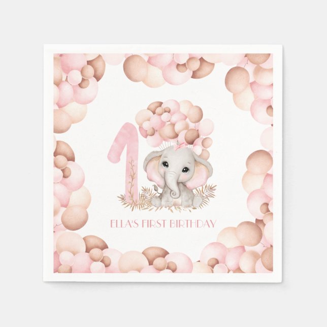 First Birthday Girl Cute Elephant Pink Balloons Napkins (Front)