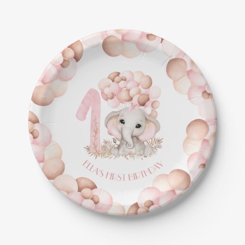 First Birthday Girl Cute Elephant Pink Balloons Paper Plates