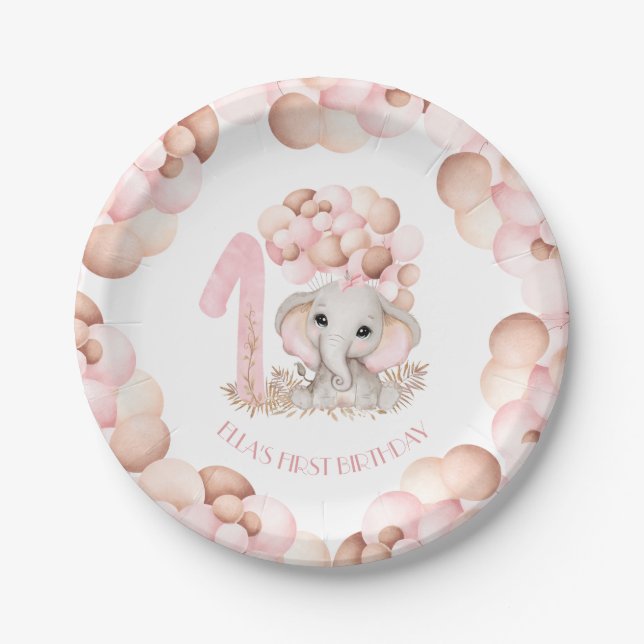 First Birthday Girl Cute Elephant Pink Balloons Paper Plates (Front)