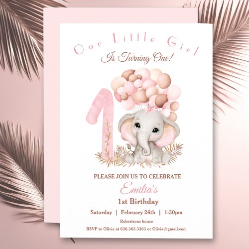 First Birthday Girl Cute Elephant Pink Invitation