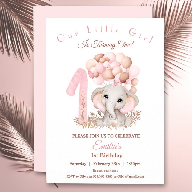 First Birthday Girl Cute Elephant Pink Invitation (First Birthday Girl Cute Elephant Pink Invitation)